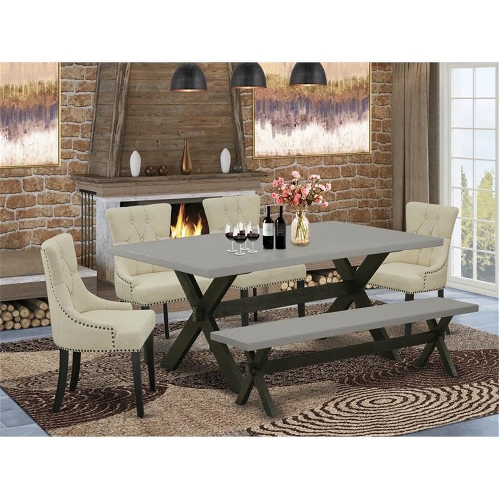 East West Furniture X697Fr102-6 6 Piece Dining Table Set Contains A Rectangle Kitchen Table With X-Legs And 4 Light Beige Linen Fabric Parson Chairs With A Bench, 40X72 Inch, Multi-Color